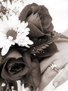 Free Bride S Wedding Ring Hand And Bouquet Closeup Sepia Stock Images - 1050914