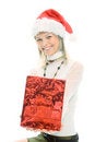 Free Beauty Blonde Girl In Santa Cap With Christmas Gift Stock Image - 1567041