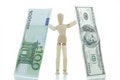 Free Manikin Holds Falling Dollar And Euro Bills Stock Images - 4204104