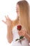 Free Young Smiling Bride With Rose Look To Ring On Hand Royalty Free Stock Image - 4397536