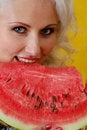 Free Closeup A Beautifull Woman Eat A Water-melon Stock Images - 4738854