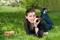Free Pretty Girl Eat Red Frash Strawberry On Green Stock Images - 5211244