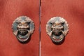 Free Lion Door Knocker On Red Door Stock Photo - 5252780