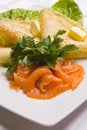 Free Pancakes With Salty Salmon On White Plate Stock Photography - 5903052