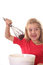Free Happy Little Girl Mixing Brownie Batter Vertical Stock Photography - 6798972