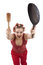 Free Housewife With Curlers Is Holding A Frying Pan. Stock Photography - 9347522