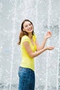 Free Young Caucasian Girl Playing At Fountain Stock Photos - 9409033