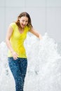 Free Young Caucasian Girl Playing At Fountain Royalty Free Stock Image - 9409036