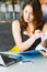 Free Young Pretty Caucasian Lady Using Laptop Outdoors Stock Image - 9408411