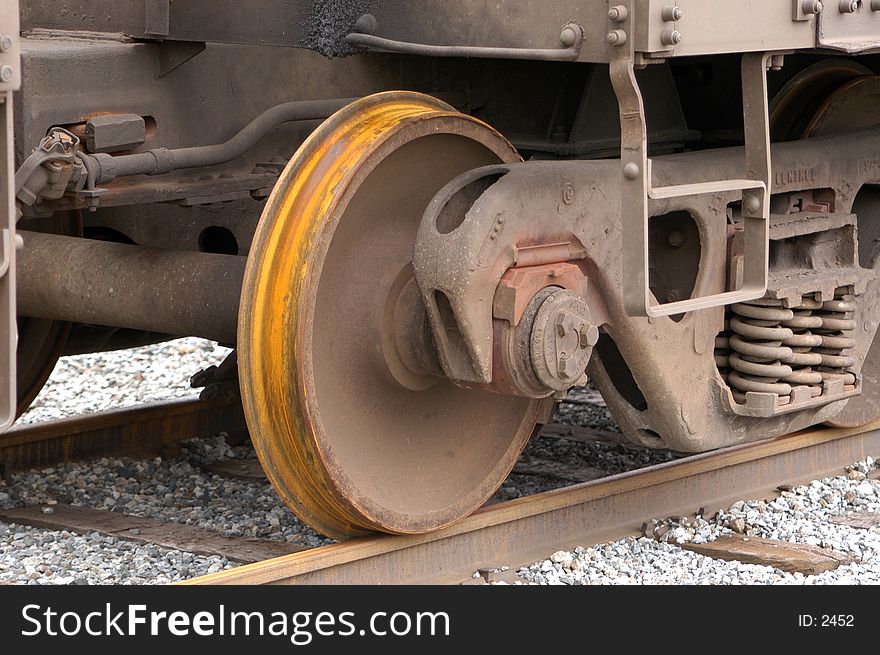 Rail car wheel close up showing rust on wheel. Rail car wheel close up showing rust on wheel