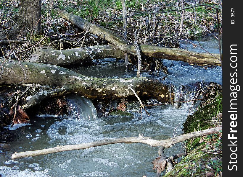 water running over a log that has fallen in the stream,. water running over a log that has fallen in the stream,