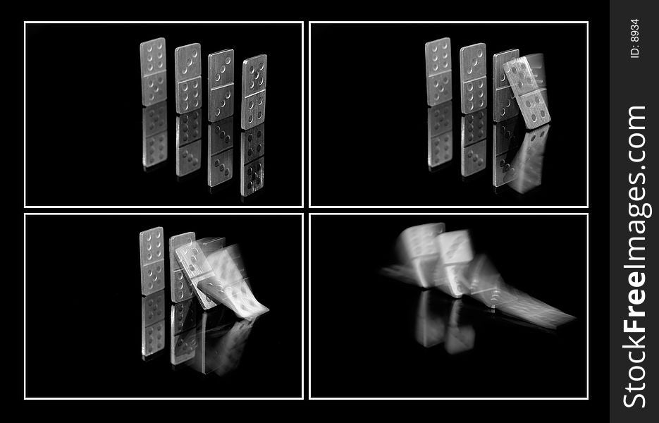 A series of four shots showing small metal dominoes falling. A series of four shots showing small metal dominoes falling.