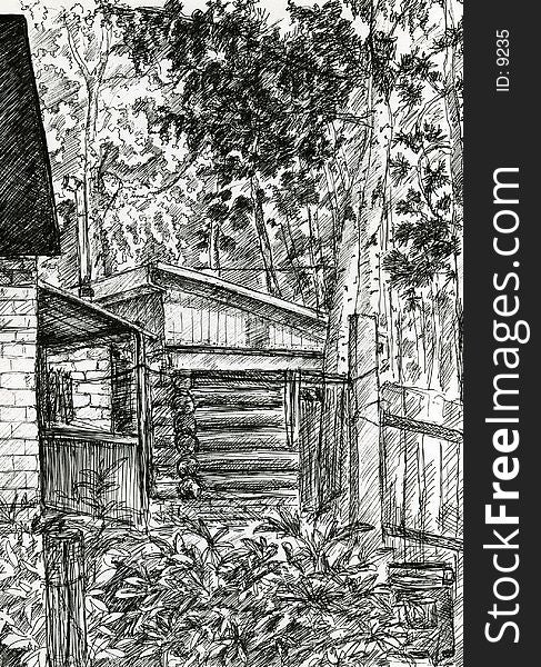 My drawing of a small wooden house in Russian village. Russia. My drawing of a small wooden house in Russian village. Russia.