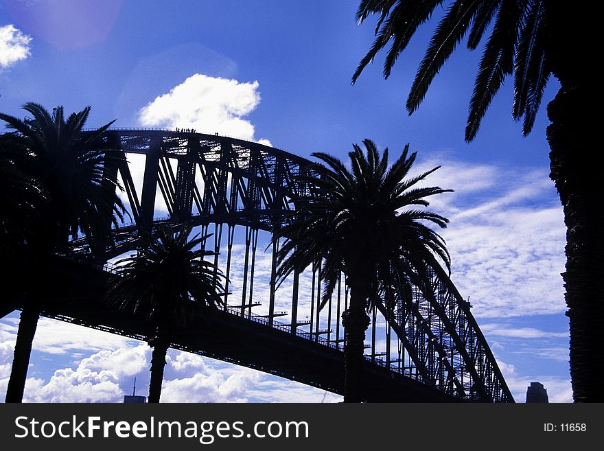 Silhouette of Sydney bridge taken from th palm garden (climbers can even be made out on the bridge). Silhouette of Sydney bridge taken from th palm garden (climbers can even be made out on the bridge)