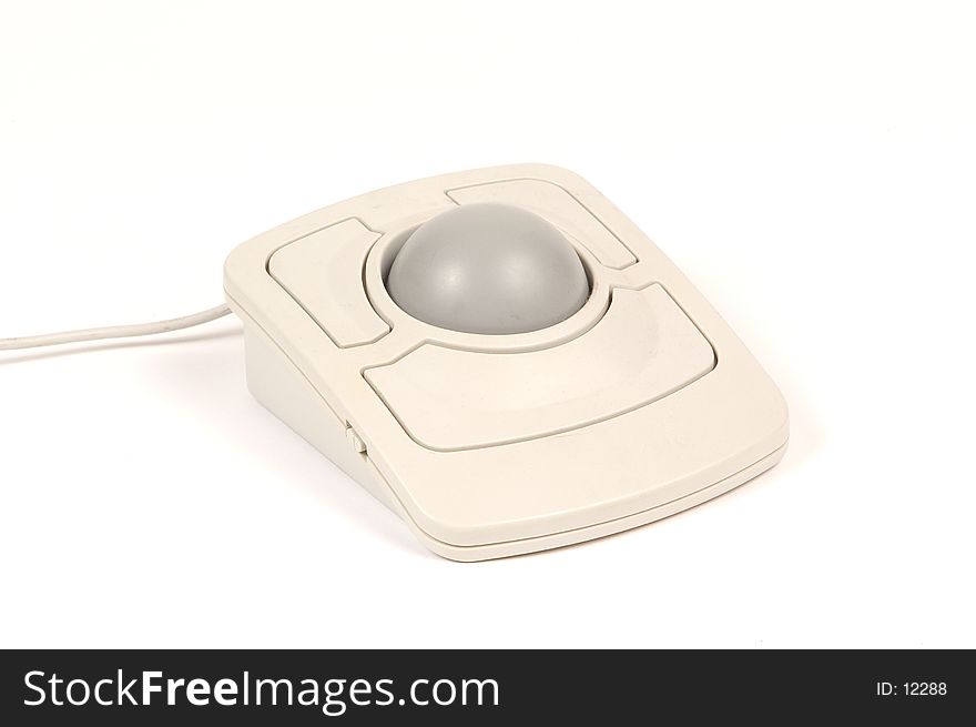 Older version of a track ball mouse. uses large ball for guiding curser and three buttons.