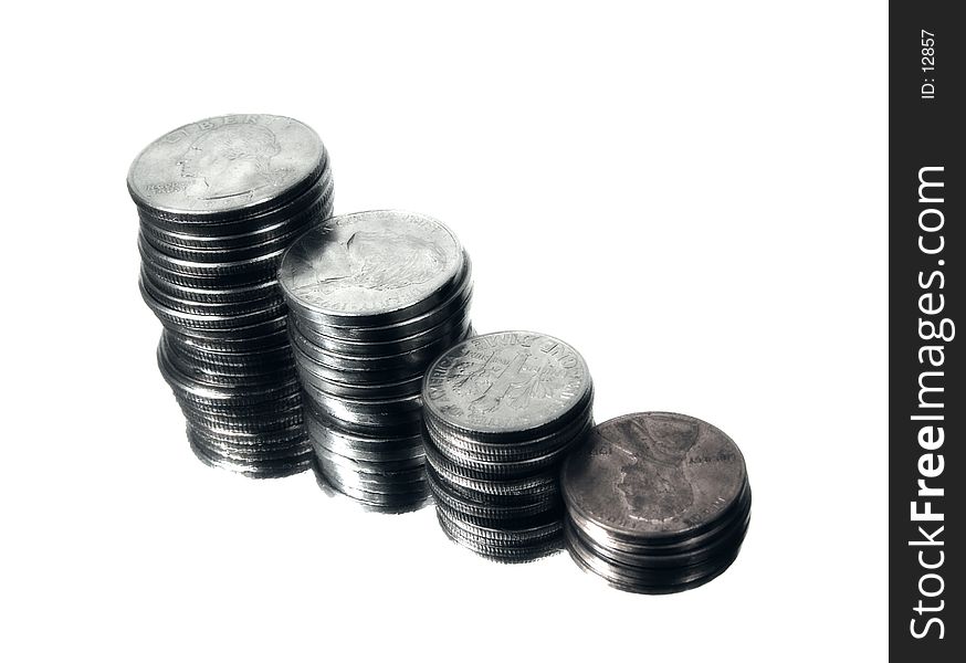 Photo of Stacked Pennies, Quarters, Nickels and Dimes with a Bluish Tint and Smeared. Photo of Stacked Pennies, Quarters, Nickels and Dimes with a Bluish Tint and Smeared.