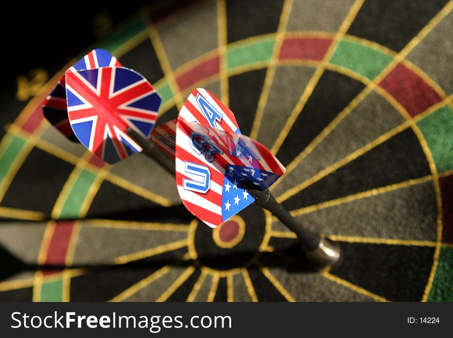 Magnetic darts, one showing the union jack the other representing the stars and stripes. Magnetic darts, one showing the union jack the other representing the stars and stripes