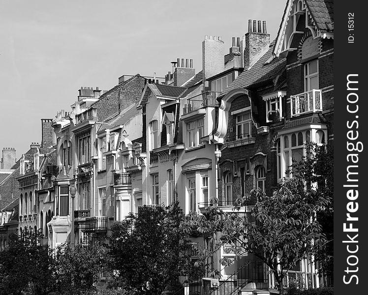 A row of houses in a residential area of Brussels - in black and white. A row of houses in a residential area of Brussels - in black and white