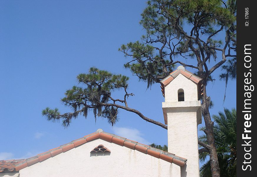 Pine tree overlooks chimney on home in the tropics, red tile roof, bright blue sky. Space for words in upper left