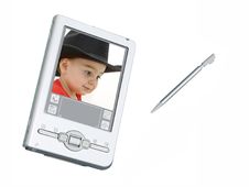 Digital PDA Camera & Stylus Over White With Screen Shot Of Toddl Royalty Free Stock Image