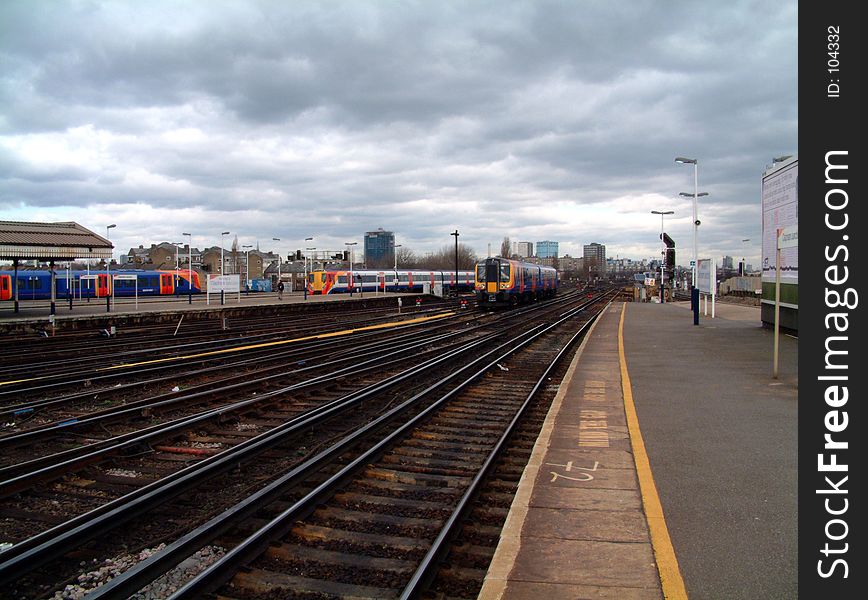 This is the view from a platform on Clapham train station. This is the view from a platform on Clapham train station.