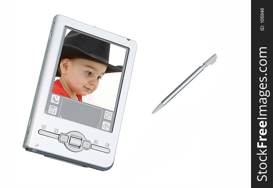 Silver palmtop (personal organizer) / digital camera over white with screenshot of toddler boy in black cowboy hat. Shot with the Canon 20D. Silver palmtop (personal organizer) / digital camera over white with screenshot of toddler boy in black cowboy hat. Shot with the Canon 20D.