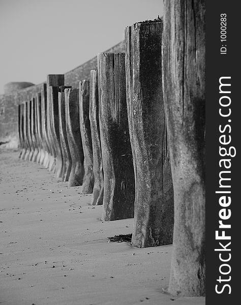 Row Of Wooden Beach Posts