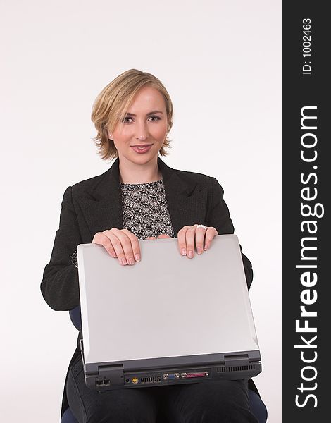 Business woman opening, closing laptop. Business woman opening, closing laptop