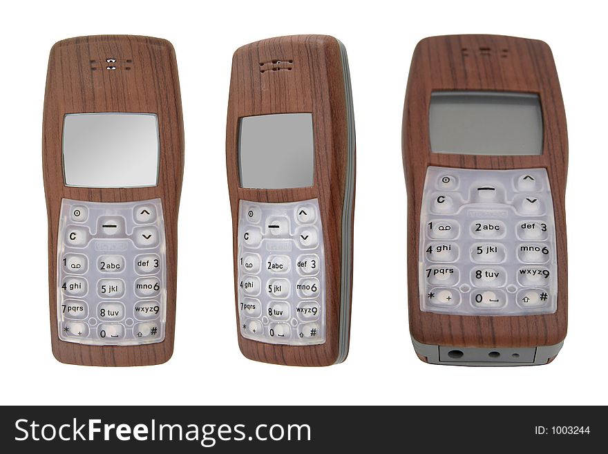 Views of a simple modern wireless cell-phone with wood-grain casing. Views of a simple modern wireless cell-phone with wood-grain casing