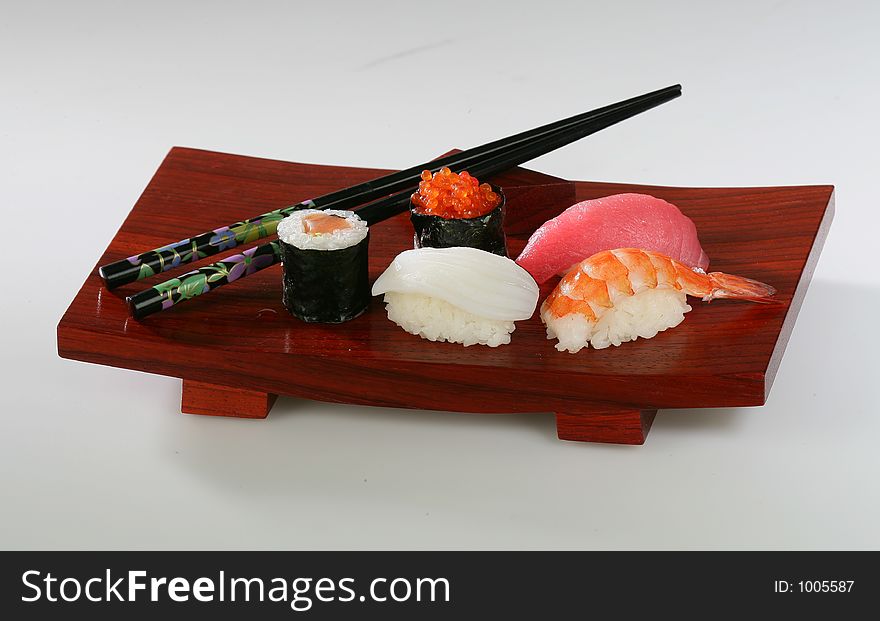 Sushi platter on white background