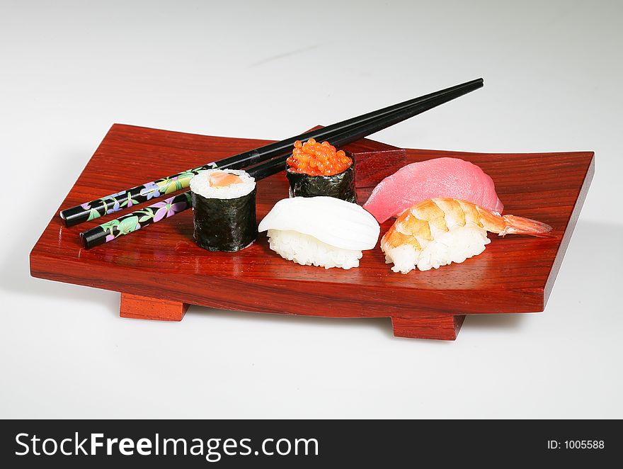 Sushi platter on white background