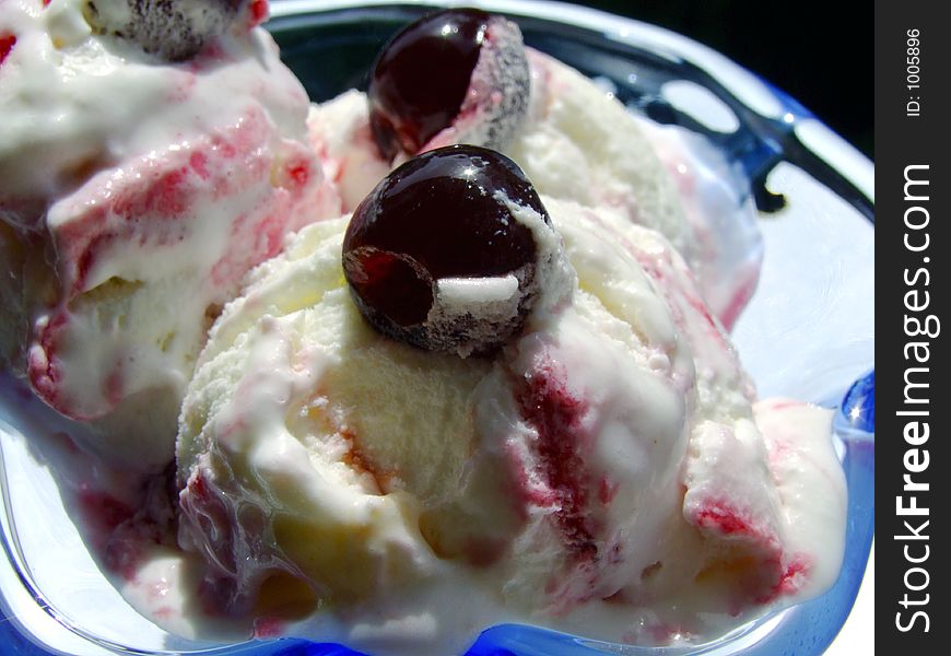 Vanilla ice cream with cherries and syrup