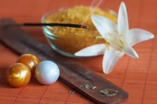 Incense Stick, Bath Salt And White Lily Stock Photography