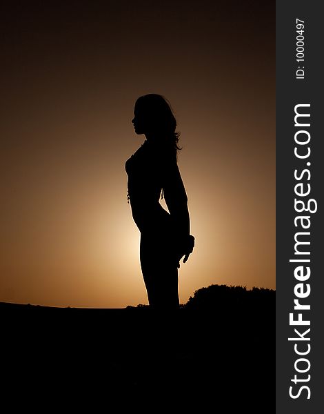Silhouette of young beutiful woman at sunset