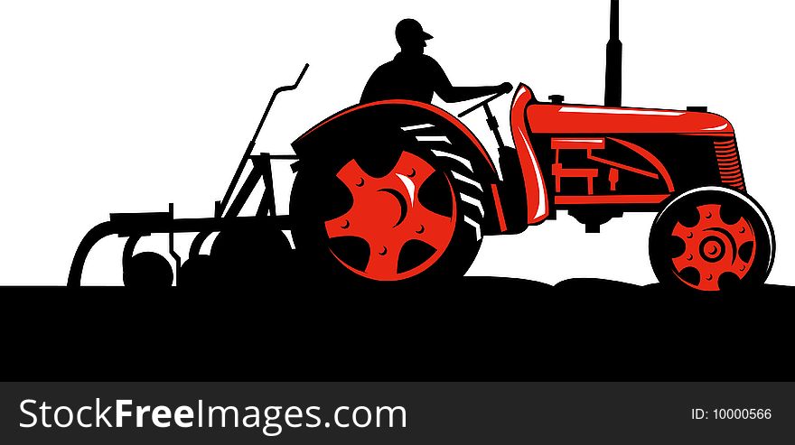 Farmer driving vintage tractor