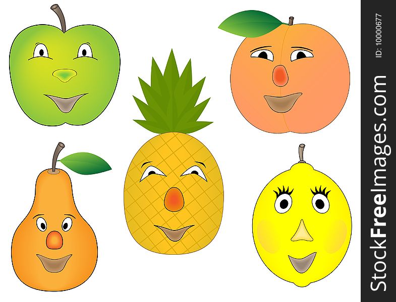 Funny cartoon fruits collection on white background, vector illustration