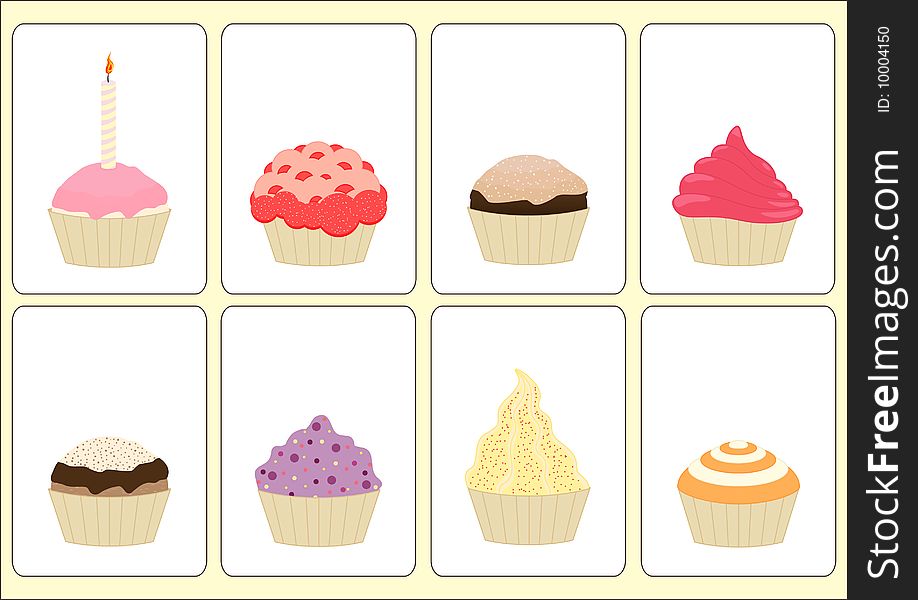 Illustration of eight various cupcakes