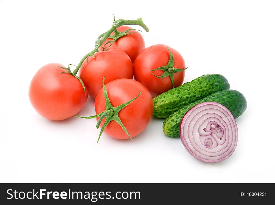 Fresh tomatoes, cucumbers and red onion. Fresh tomatoes, cucumbers and red onion
