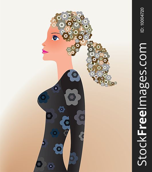 woman with floral hair and flower dress. woman with floral hair and flower dress