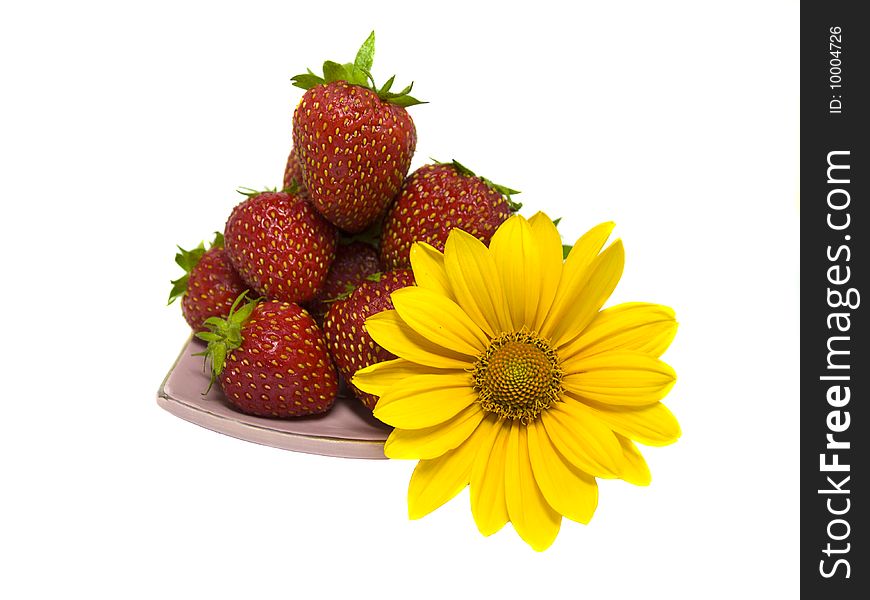 Strawberries and yellow flower on the plate. Strawberries and yellow flower on the plate