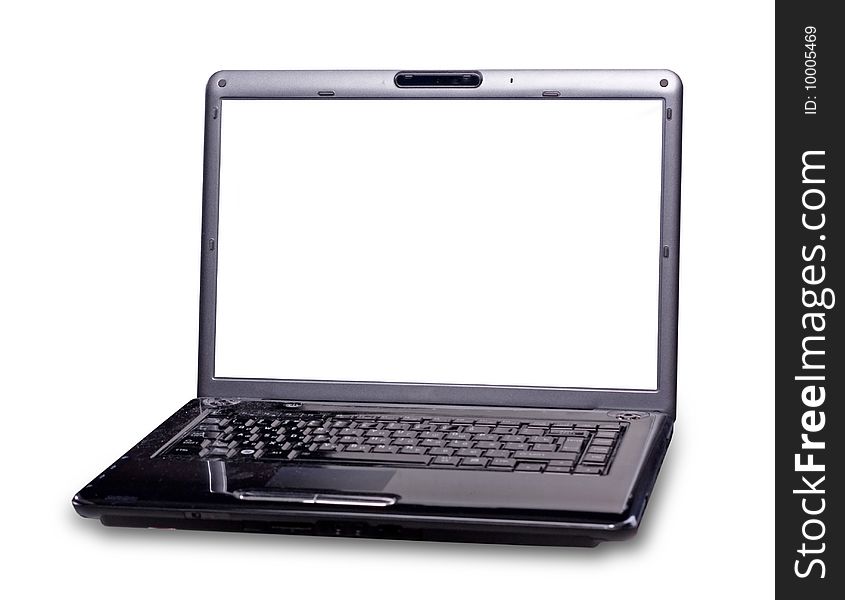 Black laptop with blank monitor at white background