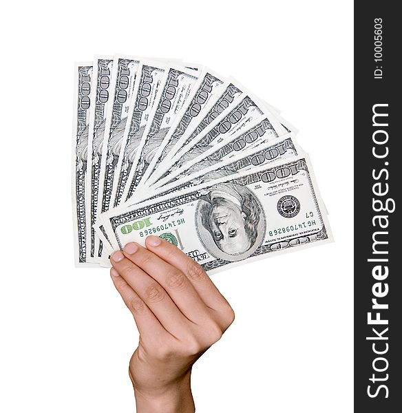 A fan of one hundred dollar bills held in a hand isolated on white. A fan of one hundred dollar bills held in a hand isolated on white.