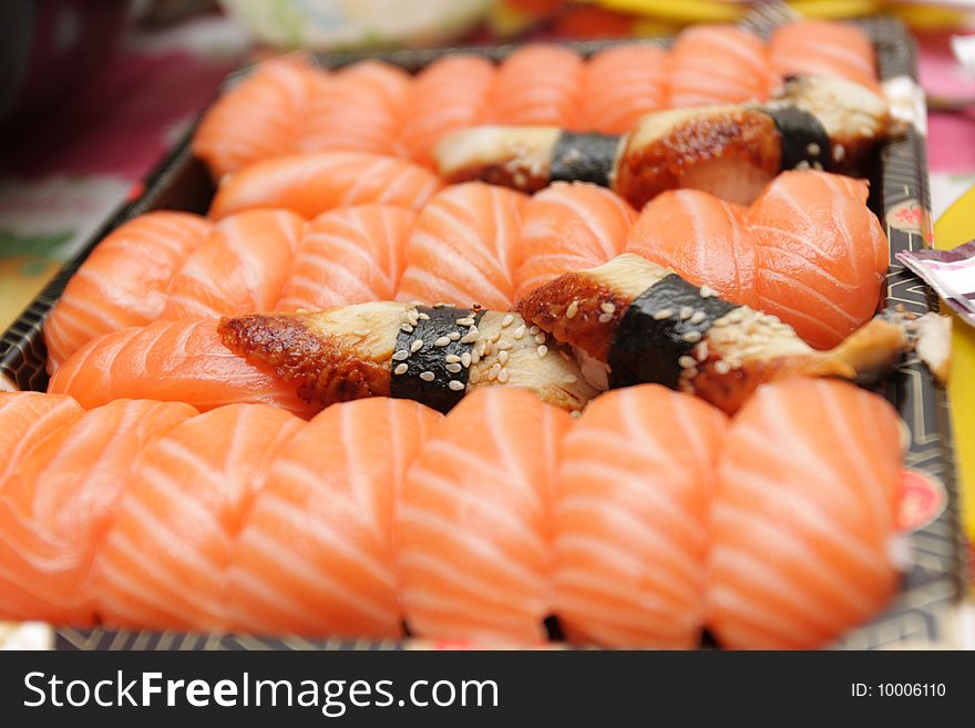 Set of sushi for sale in a market