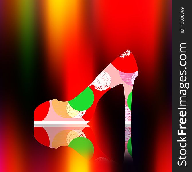 Printed shoe with path and reflection against blurred color background. Printed shoe with path and reflection against blurred color background