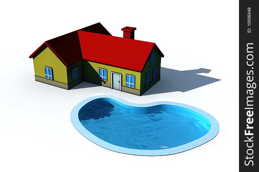Isolated house with swimming pool - 3d render illustration on white