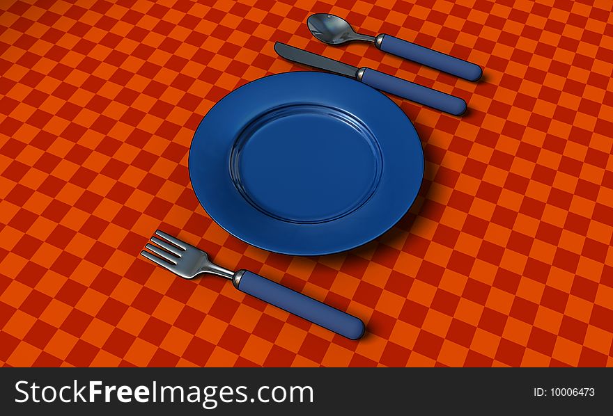 Knife, fork, spoon and plate with table coth - 3d render