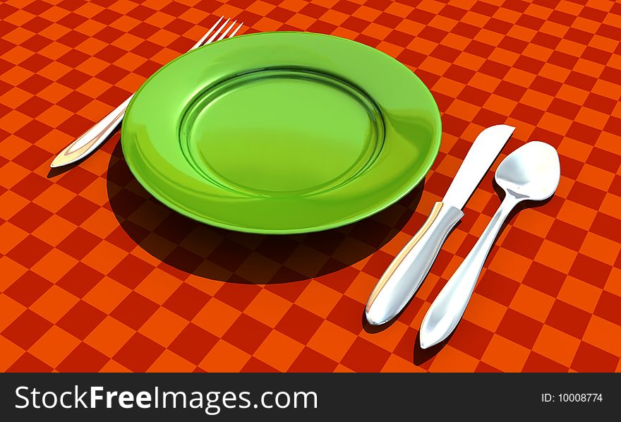 Knife, fork, spoon and plate with table coth - 3d render