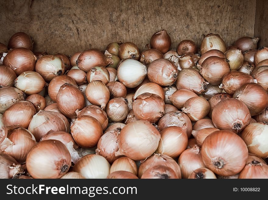 Onions at a produce store with a wooden box back in the background.