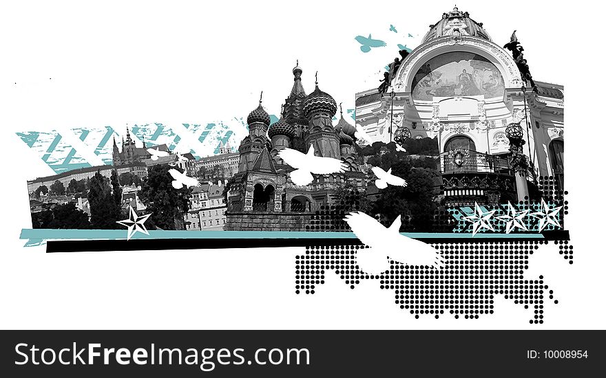 Photoshop and illustrator images of various European landmarks