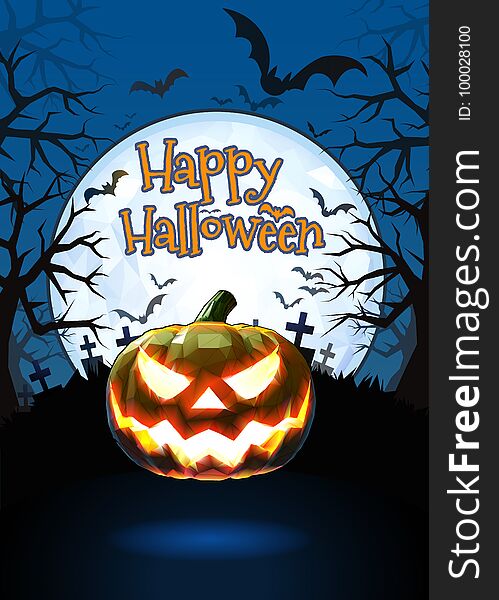 Jack o lantern glowing at foreground with cartoony style in the darkness graveyard background for halloween greeting on colorful artwork. Jack o lantern glowing at foreground with cartoony style in the darkness graveyard background for halloween greeting on colorful artwork